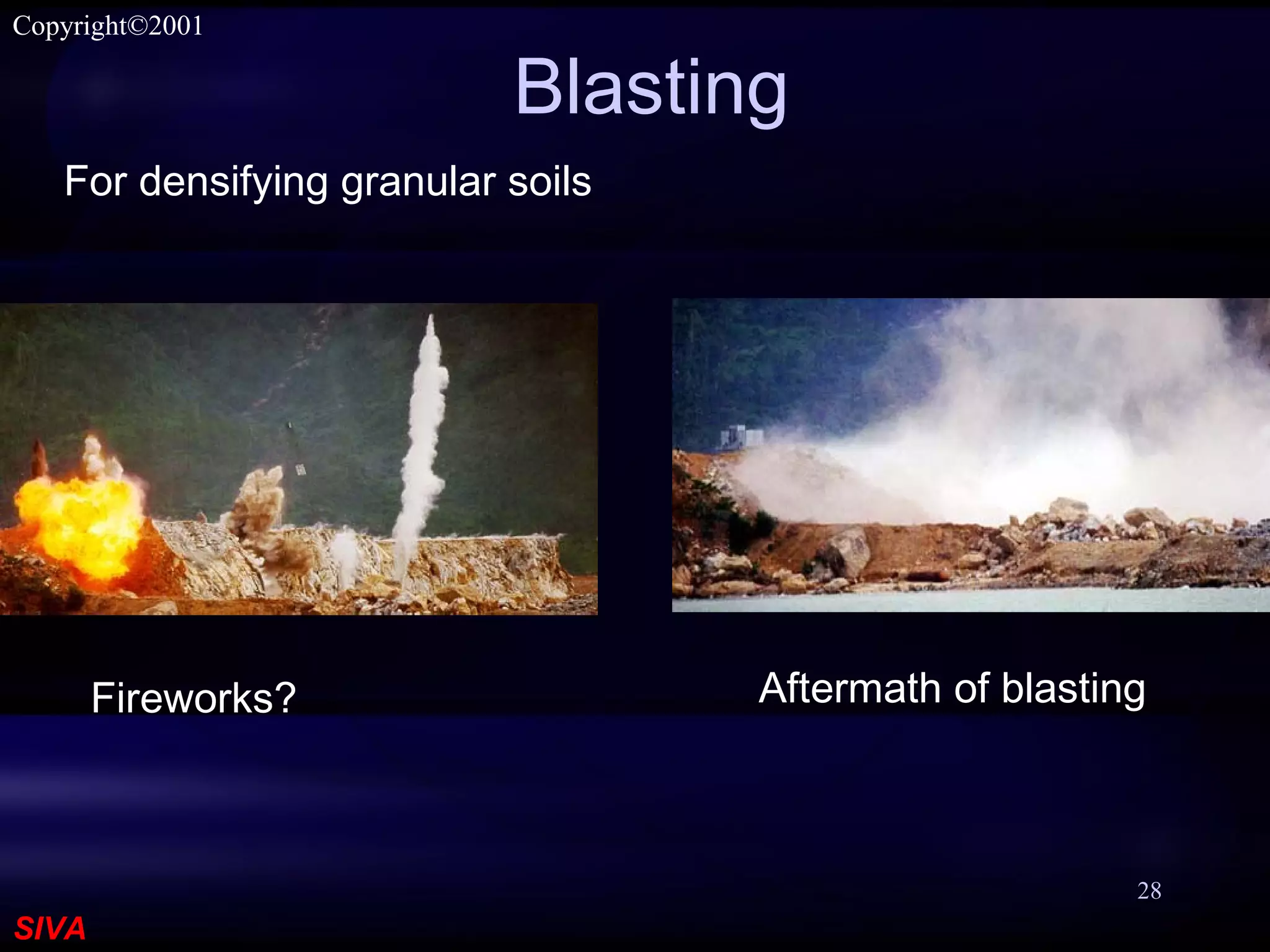 SIVA
Copyright©2001
28
Blasting
Aftermath of blastingFireworks?
For densifying granular soils
 