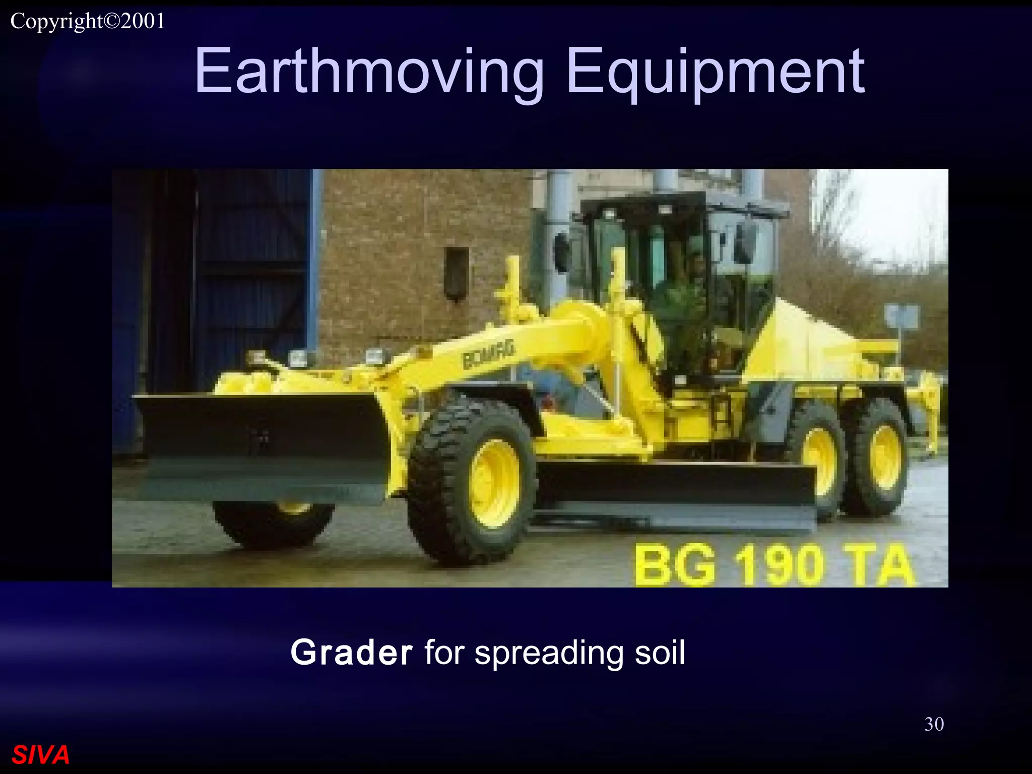SIVA
Copyright©2001
30
Earthmoving Equipment
Grader for spreading soil
 