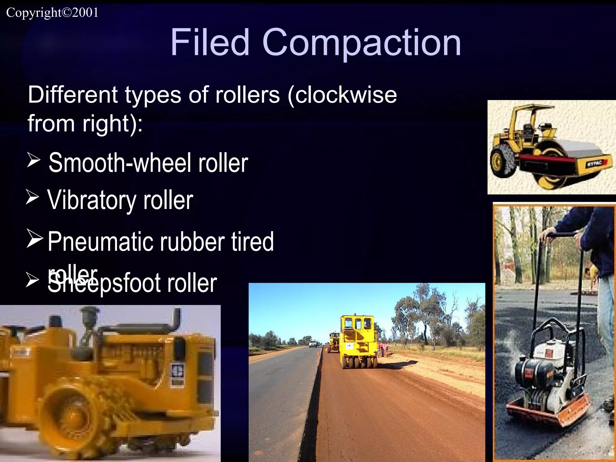 SIVA
Copyright©2001
Filed Compaction
Pneumatic rubber tired
roller
Different types of rollers (clockwise
from right):
 Vibratory roller
 Smooth-wheel roller
 Sheepsfoot roller
 