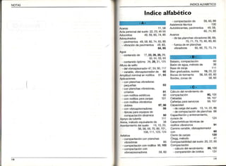 INDICEALFABETICO
lndice alfabético
Aceras 11,58
Actapersonaldelsuelo22,23,4555
Adoquinados
- pavimentos49,59,60,74,83,85
- vibraciónde pavimentos 49,83,
44,85
Agua
- contenidode 17,n,26, ,29,
30,34,55,93
- contenidoóptimo 26,29,31,125
Alturadesalto
- delvibroapisonador47,54,60,117
- variable,vibroapisonadorde 60
Amplitudnominalenrodlllos 91,93
Aplicaciones
- conplanchasvibradoras
pequeñas 83
- conplanchasvibradoras,
criterios
- conrodillosestáticos
- conrodillosparazanjas
- conrodillosvibrator¡os
dobles
- convibroapisonadores
típicasparaequiposde
compactacióndinámica
Apoyodetuberia
Arena,métodoequivalentede 38
Asentamientodelsuelo14,15,25,
56,58,59,70,89,101,
10a,111,123,124
Asfaltos
- compactaciónconplanchas
vibradoras 85
- compactaciónconrodillos98,103
- compactacióncon
vibroapisonadores 59,60
- compactaciónde
Asistenciatécnica
Cierredezanjas
Clegg,método
Autoblocanles,pavimentos 49,59,
60,74,85
de lasplanchasvibradoras66,69,
70,71,73,75,80,83,85
- fueza de en planchas
vibradoras 65,66,70,73,74
Balasto,compactación 60
Balónde agua,métodode 36
Basedezanja 111
Biengraduados,suelos 19,20,22
Bocasde tormenta 58,59,60,83
Bordes,zonasde 58,60
Cálculodelrendimientode
compactación 80,100
calzadas 58,107
Cañeríasparaservicios 59,107
Capacidad
- decargadelsuelo 13,14,22,49
- decompactacióndePlanchas66
Capacitacióny entrenam¡ento,
cursosde 124
Caracterísiicastécnicasde
rodillosvibratorios 91
Cafferavariable,vibroapisonador
60
120
Compactabilidaddelsuelo20,22,65
Compactación
- cálculodelrendimiento 80,100
- comparacióndecostos 131
59,60,89
'130
49,59,60,74,85
8t
90
101
97,9A
58
50
'111
t39
 