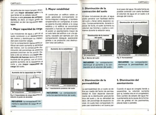 CAPITULOI
CAPITULOI
de paftículasde mayortamaño,alcan-
zan una mayor densidad 99ca a la
que teníanen su estado natural.
Graciasa esteproceso de comPac-
tación, es decir,al mayor grado de
densidad,se dan lassiguientesven-
tajas:
l. Mayor capac¡dadds car$a
Las inclusionesde aguay ¿ifeen el
suelo conducena un debilitamiento
del mismo y disminuye¡su caPaci-
dad parasoportarcargas.
Con la compactación(apisonado)ar-
tificialdel sueloaumentaladensidad
del mismo,con la consecuefltedis-
minucióndel porcentajecleesPacios
porosos(volumende los poros).De-
bidoa ellose obtieneu¡¿ mejor dis-
tribuciónde fuerzasdentrode laes-
tructurade los granos,con el consi-
guienieaumentode la resistenciaal
cone y una mayor capacidad de
cargadelsuelo.
Fig.6 Capacidadesde carga d¡ferentesen
relación al grado de densidad
2. |4ayor estabilidad
Al construirseun edificiosobre un
suelo apisonado (compactado)en
formairregularo desigual-o también
simplementesin compactar,el suelo
se asienta(hunde)debido a la carga
estática y el edificio se encontrará
expuestoa fuerzasde deformación.
Al existirun asentamientomayorde
un sololadodel edificioo en unaes-
quina,causadopor ejemplopor una
compactacióndesigual,aparecerán
grietaso se produciráuna destruc-
cióntotaldeledificio.
t. Disminuciónde la
Gontracc¡óndel suelo
Al haberinclusionesde aire,el agua
podrá penetrarcon facilidad dentro
dcl eueloy llenarestosespaciosva-
ofoe.Consecuentemente,duranteé-
pocasde lluvia,el sueloaumentasu
volumen(sehincha)y vuelvea con-
traersedurantela estaciónseca.
4. Disminución de la
permeabilidad
La permeabilidadde un suelose de-
finepor mediodel factorde permea-
bilidad Kf. Este depende esencial-
mentede la distribucióngranulomé-
tricadel sueloy de su densidad(es
decir,del porcentajede espaciosva-
cíos).Un suelobiencompactadoim-
pidecasitotalmenteo en buenapar-
te el pasodel agua.Deestaformaes
oosiblecontrolarcon ciertafacilidad
el volumende aguaen un sueloo el
drenajedel mismo.
5. Disminucióndel
asentamiento
Cuandoel aguase congelatiendea
expandirse,su volumen aumenta
(porej.botellarotaen el congelador).
Estecambio de estadodel aguafre-
cuentementeeslacausade laforma-
ción de grietasen los pavimentos,
placasbaseo paredes.
t5
I
Fig.9 Permeabilidad
Fig, 7 Asentamiento posterior del suelo
 