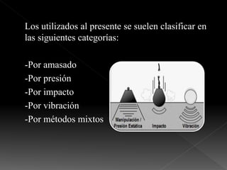 Los utilizados al presente se suelen clasificar en
las siguientes categorías:
-Por amasado
-Por presión
-Por impacto
-Por vibración
-Por métodos mixtos
 