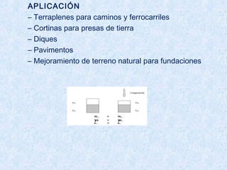 APLICACIÓN
– Terraplenes para caminos y ferrocarriles
– Cortinas para presas de tierra
– Diques
– Pavimentos
– Mejoramiento de terreno natural para fundaciones
 