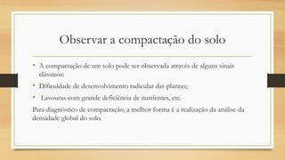 Observar a compactação do solo
• A compactação de um solo pode ser observada através de alguns sinais
clássicos:
• Dificuldade de desenvolvimento radicular das plantas;
• Lavouras com grande deficiência de nutrientes, etc.
Para diagnóstico de compactação, a melhor forma é a realização da análise da
densidade global do solo.
 