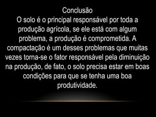 Conclusão 
O solo é o principal responsável por toda a 
produção agrícola, se ele está com algum 
problema, a produção é comprometida. A 
compactação é um desses problemas que muitas 
vezes torna-se o fator responsável pela diminuição 
na produção, de fato, o solo precisa estar em boas 
condições para que se tenha uma boa 
produtividade. 
 