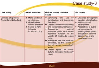 Case study Issues identified Policies to over come the
issues
Out comes
Compact city policies,
Amsterdam, Netherland
 Mono functional
development
 Growth along
various directions
 Failure of ABC
industrial
locational policy
 Optimizing land use by
densification and intermingle
functions
 Create a continued clustering
and concentrate urbanization
 Concentrate regional
amenities, public services and
economic function in the
vicinity of multimodal public
hubs.
 Strengthen the user base for
amenities, so that shops in
the city remain economically
viable
 Create space for socio-
cultural mixes and functionally
mixed
 Clustered development
by urban intensification
 Multi functional
development
 Accessibility to public
transportation by
inducing development
along transit corridors
 Specific mix of land
uses is not found
25/38
Case study-3
 