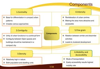 Components
1.Centrality
2.Contiguity
3.Density
4.Intensity
5.Fine grain
6.Mobility and
Accessibility
 Base for differentiation in compact urban
patterns
 Creates various approaches
 Unity of urban functions in a continual form
 Contiguity between Open spaces and
buildings should be maintained in a
compact city
 Relatively high in nature
 Both population and dwelling units
 Revitalisation of urban centres
 Making the area more attractive and
accessible
 Relation between similar and dissimilar
activities
 Leads to clustered development
 Mode of transportation
 Easily accessibility results highest
mobility rate
7/38
Components
 