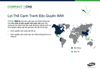 #2

Lợi Thế Cạnh Tranh Độc Quyền IMW
CHỈ #2: IMW là nhà sản xuất máy nén CNG không bôi
trơn lớn nhất và độc quyền trên toàn cầu giúp cho
chúng tôi trở thành nhà sản xuất đã được chứng minh có
kinh nghiệm đẳng cấp thế giới bạn cần để hỗ trợ bạn


Kinh nghiệm sản xuất một thế kỷ



Kinh nghiệm sản xuất máy nén CNG không bôi trơn 3
thập kỷ

Bán hàng
Dịch Vụ

 