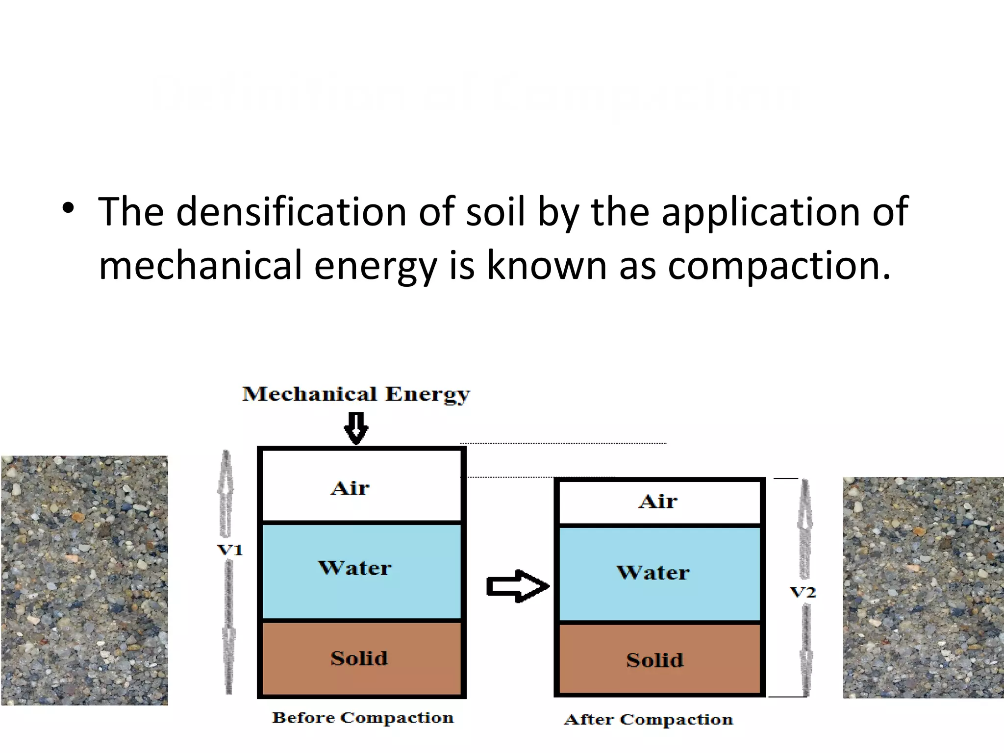 Definition of Compaction
• The densification of soil by the application of
mechanical energy is known as compaction.
 