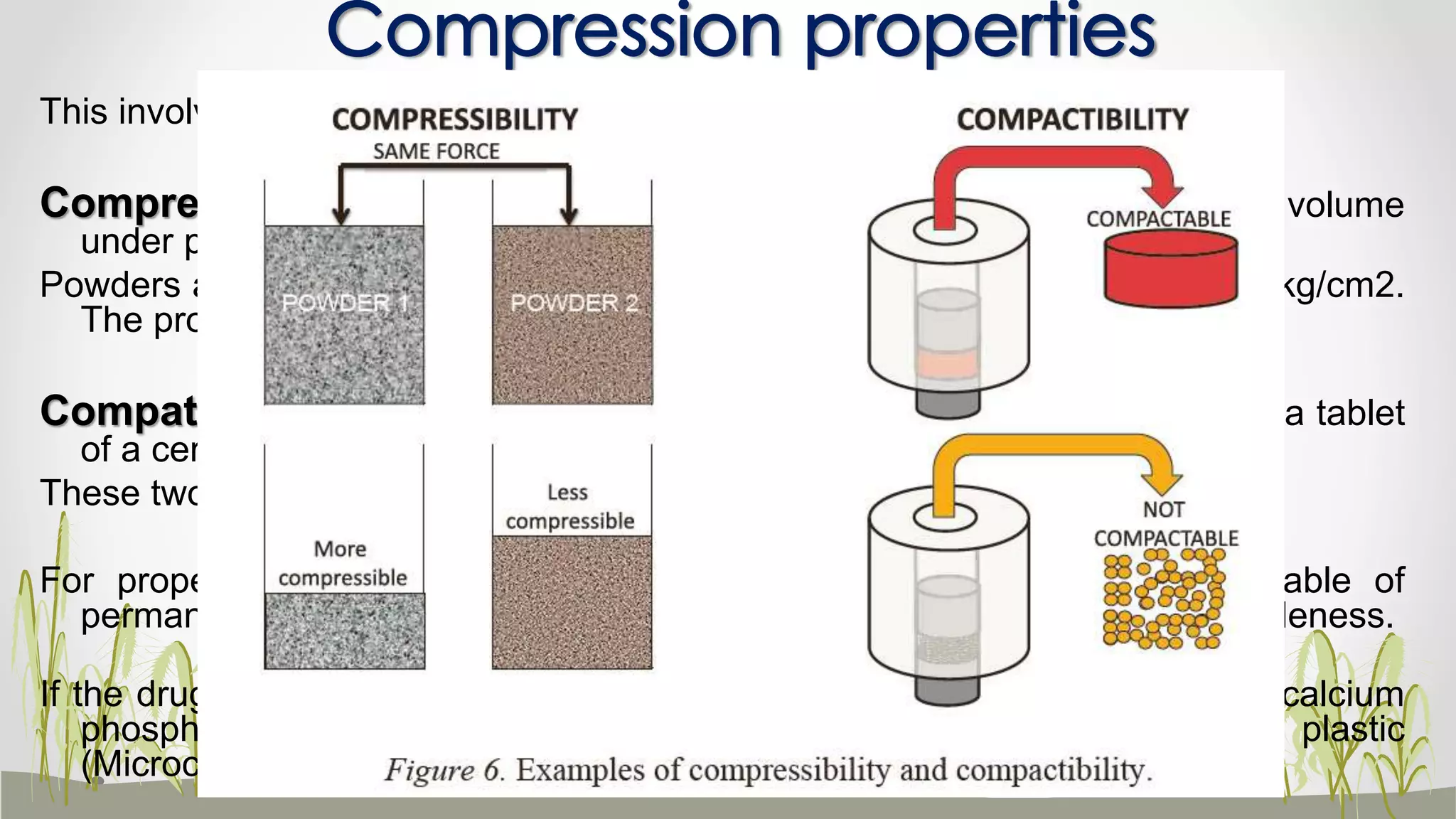 Compression properties
This involves compressibility and compatibility .
Compressibility can be defined as the ability of a powder to decease in volume
under pressure.
Powders are normally compressed into tablets using a pressure of about 5.0kg/cm2.
The process is called compaction & compression.
Compatibility can be defined as ability of powder to be compressed in to a tablet
of a certain strength or hardness.
These two relate directly to the tabletting performance.
For proper compression to occur the tablet should be plastic i.e., capable of
permanent deformation and it should also exhibit certain degree of brittleness.
If the drug is plastic , then the excipients chosen should be brittle (lactose, calcium
phosphate) and if the drug is brittle, then the excipients should be plastic
(Microcrystalline cellulose). 15
 