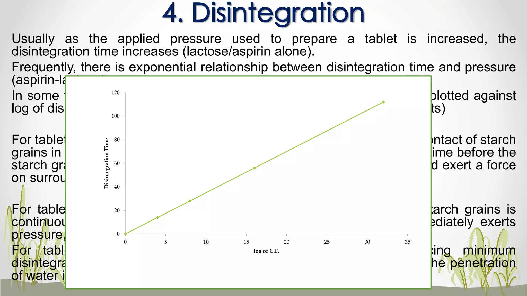 Usually as the applied pressure used to prepare a tablet is increased, the
disintegration time increases (lactose/aspirin alone).
Frequently, there is exponential relationship between disintegration time and pressure
(aspirin-lactose).
In some formulation there is minimum value when applied pressure is plotted against
log of disintegration time (with 10% and 15% starch in sulfadiazine tablets)
For tablets compressed at low pressure, there is a large void, and the contact of starch
grains in the inter-particular space is discontinuous. Thus there is a lag time before the
starch grains, which are swelling due to imbibition's of water, contact and exert a force
on surrounding tablet structure.
For tablets compressed at certain applied pressure, the contact of starch grains is
continuous with the tablet structure, and the swelling of starch immediately exerts
pressure, causing the most rapid disintegration.
For tablets compressed at pressures greater than that producing minimum
disintegration time, the porosity is such that more time is required for the penetration
of water into the tablet, hence increase in disintegration time.
4. Disintegration
0
20
40
60
80
100
120
0 5 10 15 20 25 30 35
DisintegrationTime
log of C.F.
 