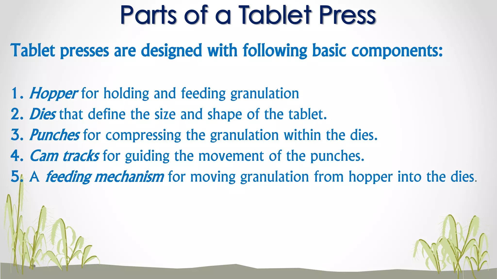 Tablet presses are designed with following basic components:
1. Hopper for holding and feeding granulation
2. Dies that define the size and shape of the tablet.
3. Punches for compressing the granulation within the dies.
4. Cam tracks for guiding the movement of the punches.
5. A feeding mechanism for moving granulation from hopper into the dies.
Parts of a Tablet Press
 