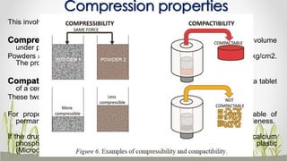 Compression properties
This involves compressibility and compatibility .
Compressibility can be defined as the ability of a powder to decease in volume
under pressure.
Powders are normally compressed into tablets using a pressure of about 5.0kg/cm2.
The process is called compaction & compression.
Compatibility can be defined as ability of powder to be compressed in to a tablet
of a certain strength or hardness.
These two relate directly to the tabletting performance.
For proper compression to occur the tablet should be plastic i.e., capable of
permanent deformation and it should also exhibit certain degree of brittleness.
If the drug is plastic , then the excipients chosen should be brittle (lactose, calcium
phosphate) and if the drug is brittle, then the excipients should be plastic
(Microcrystalline cellulose). 15
 
