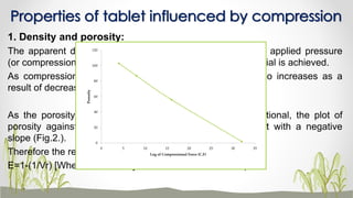 1. Density and porosity:
The apparent density of a tablet is exponentially related to applied pressure
(or compressional force) until the limiting density of the material is achieved.
As compressional force increases the density of tablet also increases as a
result of decrease in bulk volume.
As the porosity and apparent density are inversely proportional, the plot of
porosity against log of compression force gives linear plot with a negative
slope (Fig.2.).
Therefore the relation between density and porosity is
E=1-(1/Vr) [Where, E=Porosity and Vr= Relative volume)
Properties of tablet influenced by compression
0
20
40
60
80
100
120
0 5 10 15 20 25 30 35
Porosity
Log of Compressional Force (C.F)
 