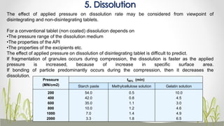 Pressure
(MN/cm2)
t50% (min)
Starch paste Methylcellulose solution Gelatin solution
200
400
600
800
1000
2000
54.0
42.0
35.0
10.0
7.0
3.3
0.5
0.8
1.1
1.2
1.4
1.8
10.0
4.5
3.0
4.6
4.9
6.5
5. Dissolution
The effect of applied pressure on dissolution rate may be considered from viewpoint of
disintegrating and non-disintegrating tablets.
For a conventional tablet (non coated) dissolution depends on
•The pressure range of the dissolution medium
•The properties of the API
•The properties of the excipients etc.
The effect of applied pressure on dissolution of disintegrating tablet is difficult to predict.
If fragmentation of granules occurs during compression, the dissolution is faster as the applied
pressure is increased, because of increase in specific surface area.
If bonding of particle predominantly occurs during the compression, then it decreases the
dissolution.
 