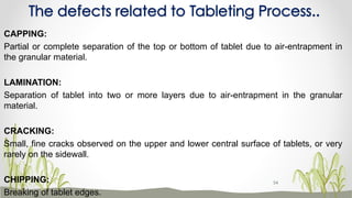 The defects related to Tableting Process..
CAPPING:
Partial or complete separation of the top or bottom of tablet due to air-entrapment in
the granular material.
LAMINATION:
Separation of tablet into two or more layers due to air-entrapment in the granular
material.
CRACKING:
Small, fine cracks observed on the upper and lower central surface of tablets, or very
rarely on the sidewall.
CHIPPING:
Breaking of tablet edges.
54
 
