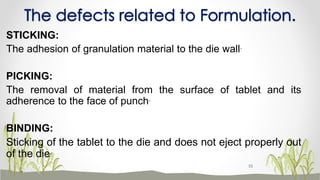The defects related to Formulation.
STICKING:
The adhesion of granulation material to the die wall.
PICKING:
The removal of material from the surface of tablet and its
adherence to the face of punch.
BINDING:
Sticking of the tablet to the die and does not eject properly out
of the die.
55
 