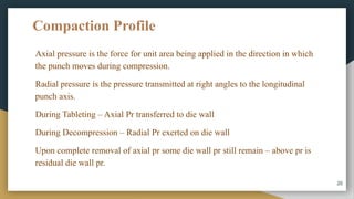 Compaction Profile
Axial pressure is the force for unit area being applied in the direction in which
the punch moves during compression.
Radial pressure is the pressure transmitted at right angles to the longitudinal
punch axis.
During Tableting – Axial Pr transferred to die wall
During Decompression – Radial Pr exerted on die wall
Upon complete removal of axial pr some die wall pr still remain – above pr is
residual die wall pr.
20
 