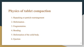 Physics of tablet compaction
1. Repacking or particle rearrangement
2. Deformation .
3. Fragmentation.
4. Bonding.
5. Deformation of the solid body.
6. Ejection
7
 