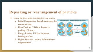 Repacking or rearrangement of particles
● Loose particles settle to minimize void spaces.
a. Initial Compression: Particles rearrange for
denser packing.
b. Finer Particles Fill Gaps: Improves
packing efficiency.
c. Energy Release: Friction increases
bonding surface.
d. Higher Pressure: Leads to deformation or
fragmentation.
8
 