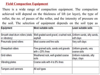13
Field Compaction Equipment
There is a wide range of compaction equipment. The compaction
achieved will depend on the thickness of lift (or layer), the type of
roller, the no. of passes of the roller, and the intensity of pressure on
the soil. The selection of equipment depends on the soil type as
indicated.
 