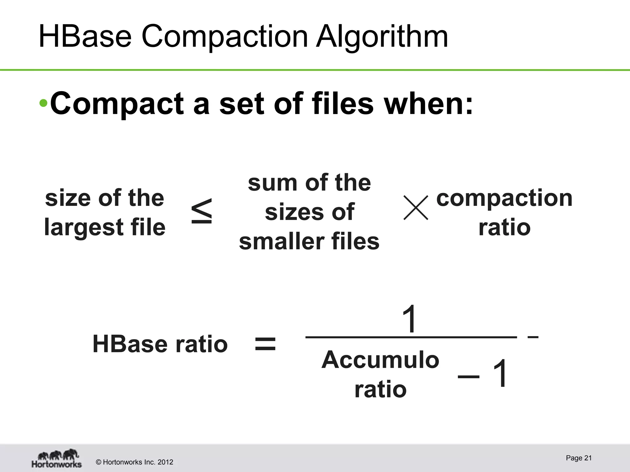 HBase Compaction Algorithm •Compact a set of files when: sum of the size of the largest file ≤ sizes of × compaction ratio smaller files 1 HBase ratio = Accumulo ratio –1 Page 21 © Hortonworks Inc. 2012 
