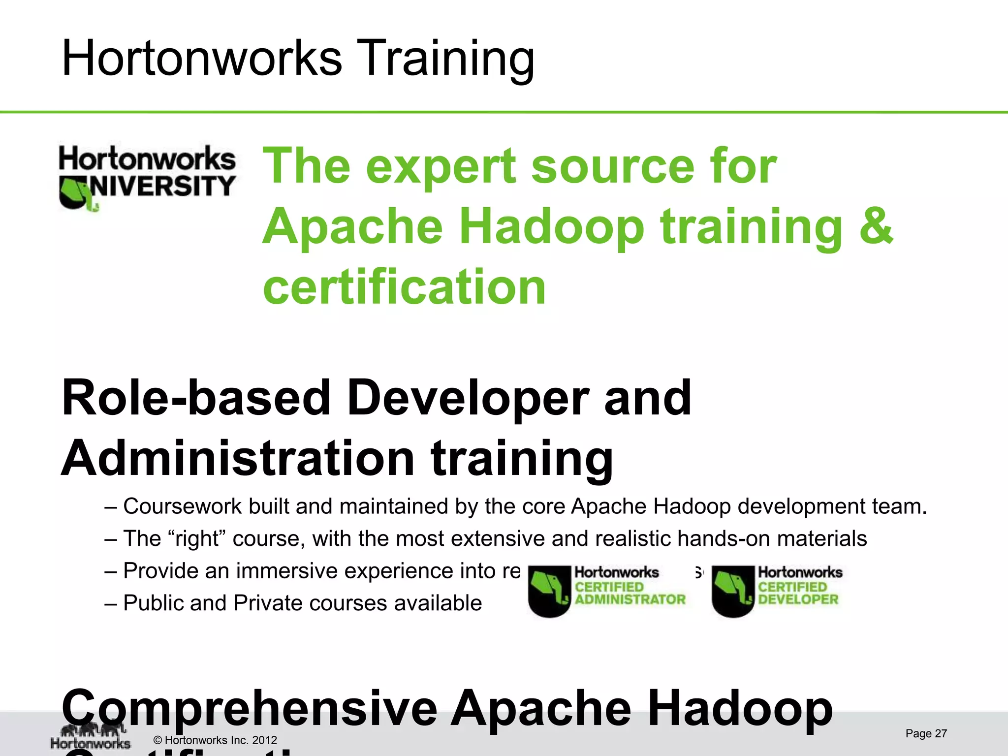 Hortonworks Training The expert source for Apache Hadoop training & certification Role-based Developer and Administration training – Coursework built and maintained by the core Apache Hadoop development team. – The “right” course, with the most extensive and realistic hands-on materials – Provide an immersive experience into real-world Hadoop scenarios – Public and Private courses available Comprehensive Apache Hadoop © Hortonworks Inc. 2012 Page 27 