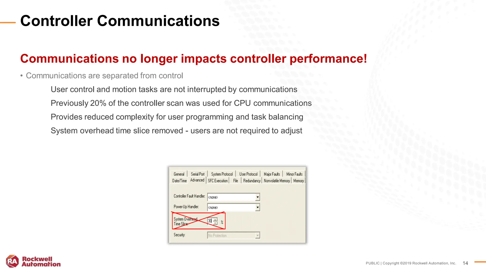 PUBLIC | Copyright ©2019 Rockwell Automation, Inc. 14
Communications no longer impacts controller performance!
• Communications are separated from control
User control and motion tasks are not interrupted by communications
Previously 20% of the controller scan was used for CPU communications
Provides reduced complexity for user programming and task balancing
System overhead time slice removed - users are not required to adjust
Controller Communications
 