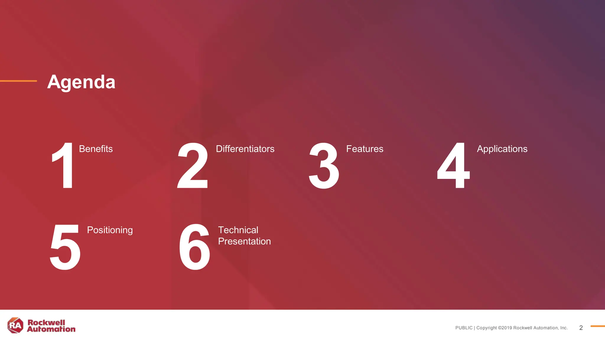 PUBLIC | Copyright ©2019 Rockwell Automation, Inc. 2
Agenda
1 2 3 4
5 6
Benefits Differentiators Features Applications
Positioning Technical
Presentation
 