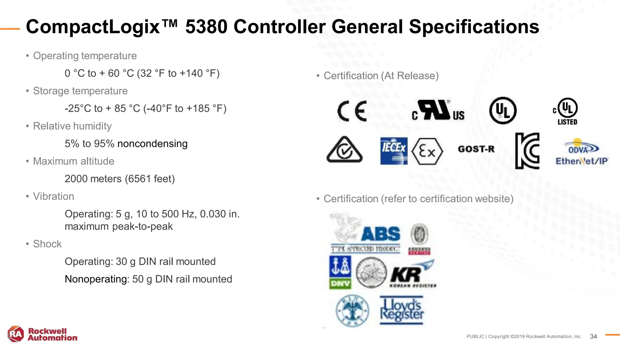 PUBLIC | Copyright ©2019 Rockwell Automation, Inc. 34
• Operating temperature
0 °C to + 60 °C (32 °F to +140 °F)
• Storage temperature
-25°C to + 85 °C (-40°F to +185 °F)
• Relative humidity
5% to 95% noncondensing
• Maximum altitude
2000 meters (6561 feet)
• Vibration
Operating: 5 g, 10 to 500 Hz, 0.030 in.
maximum peak-to-peak
• Shock
Operating: 30 g DIN rail mounted
Nonoperating: 50 g DIN rail mounted
CompactLogix™ 5380 Controller General Specifications
• Certification (At Release)
• Certification (refer to certification website)
• Certification (At Release)
 