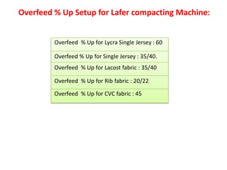 Overfeed % Up Setup for Lafer compacting Machine:
Overfeed % Up for Lycra Single Jersey : 60
Overfeed % Up for Single Jersey : 35/40.
Overfeed % Up for Lacost fabric : 35/40
Overfeed % Up for Rib fabric : 20/22
Overfeed % Up for CVC fabric : 45
 