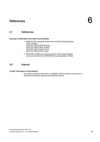 Compact Switch Module CSM 1277
Operating Instructions, V. 1.20, A2B00079397B 29
References 6
6.1 References
Sources of information and other documentation
1. SIMATIC NET Industrial Twisted Pair and Fiber-Optic Networks,
Order numbers:
6GK1970-1BA10-0AA0 German
6GK1970-1BA10-0AA1 English
6GK1970-1BA10-0AA2 French
6GK1970-1BA10-0AA4 Italian
2. PROFINET Cabling and Interconnection Technology Guideline
Can be ordered from the PROFIBUS User Organization (PNO)
6.2 Internet
Further information on the Internet
You will find additional information on SIMATIC NET products in the Internet at
http://www.automation.siemens.com/net/index_00.htm
 