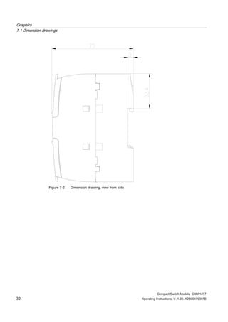 Graphics
7.1 Dimension drawings
Compact Switch Module CSM 1277
32 Operating Instructions, V. 1.20, A2B00079397B
Figure 7-2 Dimension drawing, view from side
 