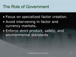 The Role of Government Focus on specialized factor creation. A void intervening in factor and currency markets. E nforce strict product, safety, and environmental standards 