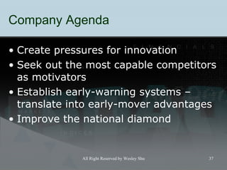 Company Agenda Create pressures for innovation Seek out the most capable competitors as motivators Establish early-warning systems  –  translate into early-mover advantages Improve the national diamond 
