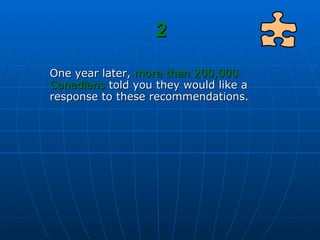 2 One year later,  more than 200,000 Canadians  told you they would like a response to these recommendations . 