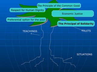 The Principal of Solidarity The Principle of the Common Good   Preferential option for the poor SITUATIONS TEACHINGS FRUITS Economic Justice   Respect for Human Dignity 