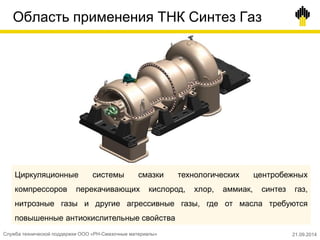 Область применения ТНК Синтез Газ
Циркуляционные системы смазки технологических центробежных
компрессоров перекачивающих кислород, хлор, аммиак, синтез газ,
нитрозные газы и другие агрессивные газы, где от масла требуются
повышенные антиокислительные свойства
Служба технической поддержки ООО «РН-Смазочные материалы» 21.09.2014
 