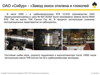 ОАО «Сибур» - «Завод окиси этилена и гликолей
В июле 2009 г. в турбокомпрессорах КТК 12,5/35 (производства ОАО
«Казанькомпрессормаш») цеха № 603 ЗОЭиГ была произведена замена масла Mobil
DTE 748 на масло ТНК Синтез Газ 46. В процессе эксплуатации снижение
эксплуатационных характеристик не наблюдалось.
Состояние шейки вала, опорного подшипника и мультипликатора после 14000 часов
эксплуатации масла ТНК Синтез Газ 32 в турбокомпрессоре кислорода.
Служба технической поддержки ООО «РН-Смазочные материалы» 21.09.2014
 
