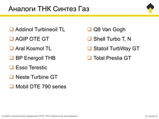 Аналоги ТНК Синтез Газ
 Addinol Turbineoil TL
 AGIP OTE GT
 Aral Kosmol TL
 BP Energoil THB
 Esso Terestic
 Neste Turbine GT
 Mobil DTE 790 series
 Q8 Van Gogh
 Shell Turbo T, N
 Statoil TurbWay GT
 Total Preslia GT
Служба технической поддержки ООО «РН-Смазочные материалы» 21.09.2014
 