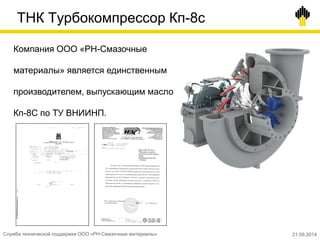ТНК Турбокомпрессор Кп-8с
Компания ООО «РН-Смазочные
материалы» является единственным
производителем, выпускающим масло
Кп-8С по ТУ ВНИИНП.
Служба технической поддержки ООО «РН-Смазочные материалы» 21.09.2014
 