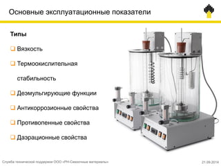 Основные эксплуатационные показатели
Типы
 Вязкость
 Термоокислительная
стабильность
 Деэмульгирующие функции
 Антикоррозионные свойства
 Противопенные свойства
 Даэрационные свойства
Служба технической поддержки ООО «РН-Смазочные материалы» 21.09.2014
 