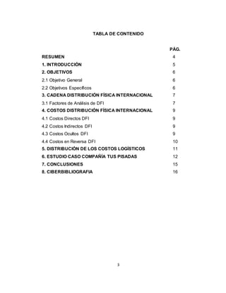 3
TABLA DE CONTENIDO
PÁG.
RESUMEN 4
1. INTRODUCCIÓN 5
2. OBJETIVOS 6
2.1 Objetivo General 6
2.2 Objetivos Específicos 6
3. CADENA DISTRIBUCIÓN FÍSICA INTERNACIONAL 7
3.1 Factores de Análisis de DFI 7
4. COSTOS DISTRIBUCIÓN FÍSICA INTERNACIONAL 9
4.1 Costos Directos DFI 9
4.2 Costos Indirectos DFI 9
4.3 Costos Ocultos DFI 9
4.4 Costos en Reversa DFI 10
5. DISTRIBUCIÓN DE LOS COSTOS LOGÍSTICOS 11
6. ESTUDIO CASO COMPAÑÍA TUS PISADAS 12
7. CONCLUSIONES 15
8. CIBERBIBLIOGRAFIA 16
 