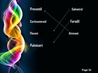 Proventil
Corticosteroid
Flovent

Salmetrol

Foradil
Atrovent

Pulmicort

Page 32

 