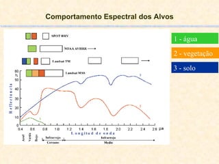 Comportamento Espectral dos Alvos 1 - água 2 - vegetação 3 - solo 