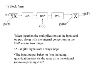 In block form:
ADC DAC
u(nT) y(nT)
gu(n)
X
gy(n)
DSP
X
G(n)
Taken together, the multiplications at the input and
output, along with the internal corrections in the
DSP, ensure two things:
•All digital signals are always large
•The input/output behavior (not including
quantization error) is the same as in the original
(non-companding) DSP
 