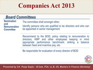 Companies Act 2013
Board Committees
Nomination
and
Remuneration
Committee

The committee shall amongst other:
Identify persons who are qualified to be directors and who can
be appointed in senior management
Recommend to the BOD, policy relating to remuneration to
directors, KMP and other employees keeping in mind
appropriate performance benchmark; striking a balance
between fixed and incentive pay, etc.
Be responsible for evaluation of every director of BOD

13
Presented by CA. Pooja Gupta – B.Com, FCA, LL.B, CS, Masters in Finance (Germany)

 