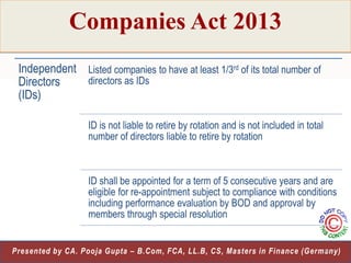 Companies Act 2013
Independent Listed companies to have at least 1/3rd of its total number of
directors as IDs
Directors
(IDs)
ID is not liable to retire by rotation and is not included in total
number of directors liable to retire by rotation

ID shall be appointed for a term of 5 consecutive years and are
eligible for re-appointment subject to compliance with conditions
including performance evaluation by BOD and approval by
members through special resolution
16
Presented by CA. Pooja Gupta – B.Com, FCA, LL.B, CS, Masters in Finance (Germany)

 