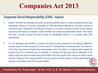 Companies Act 2013
Corporate Social Responsibility (CSR) - Impact
4.

Section 149 of the Act mandates only public companies whether listed or in other prescribed class to have
independent directors. In contrast, applicability of CSR requirements depends on net worth, turnover or
net profit criterion, irrespective of whether the company is is a public or private company. Every company
covered by CSR needs to constitute a CSR committee with at least one independent director. This implies
that even a private company will need to have an independent director if it is covered under CSR
requirements.

5.

It is not absolutely clear whether a company will need to create provisions in the financial statements
towards unspent if it fails to spend 2% of the amount of CSR activities in a particular year. The resolution
of this issue may depend of legal/ other consequences, which may follow, if a company fails to spend the
requisite amount in a particular year. For example, if a company can get away with an explanation in the
board‟s report and need not make good past shortfall in the future period, there may be no need to create
provision. However, if the company needs to incur the amount currently unspent in future periods legally, a
provision in accordance with AS 29 may be needed

26
Presented by CA. Pooja Gupta – B.Com, FCA, LL.B, CS, Masters in Finance (Germany)

 