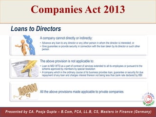 Companies Act 2013
Loans to Directors
A company cannot directly or indirectly:
• Advance any loan to any director or any other person in whom the director is interested; or
• Give guarantee or provide security in connection with the loan taken by its director or such other
person

The above provision is not applicable to:
• Loan to MD/ WTD as a part of contract of services extended to all its employees or pursuant to the
scheme approved by members by special resolution
• A company which in the ordinary course of its business provides loan, guarantee or security for due
repayment of any loan and charges interest thereon not being less than bank rate declared by RBI

All the above provisions made applicable to private companies

9
Presented by CA. Pooja Gupta – B.Com, FCA, LL.B, CS, Masters in Finance (Germany)

 